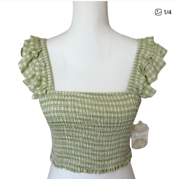 Altar'd State Tops - Altar’d State Green Gingham Ruffle Sleeve Top size Large